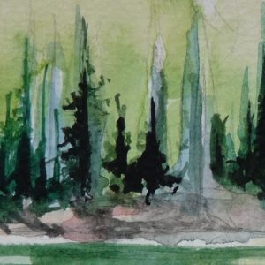 Le lac de Flaine et ses épicéas, aquarelle (détail)