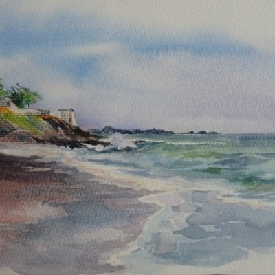 La plage du Port-Blanc et l'amer blanchi de la Fourberie (aquarelle, 30 x 20 cm).