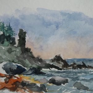 Sainte-Anne-Des-Monts, "le monolithe de Tourelle" (aquarelle, 25 x 18 cm).