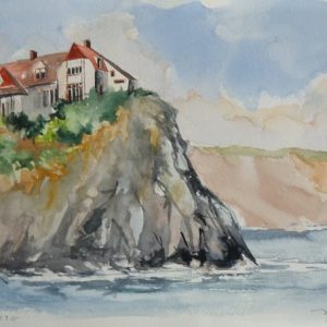 La pointe du "Rocher Percé" (aquarelle, 40 x 25 cm).