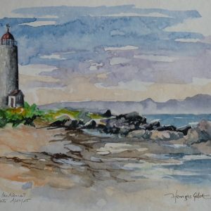 Île Verte : au "Bout-d'en-Bas", le phare (aquarelle, 25 x 18 cm).
