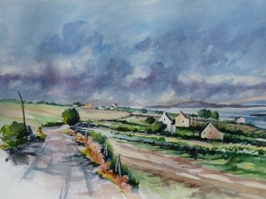Île VerteÎle Verte : le chemin rural du Bout d'en Haut. A l'horizon, le Saint-Laurent maritime et le relief accidenté de la baie du Parc National du Bic, aquarelle (50 x 65 cm).