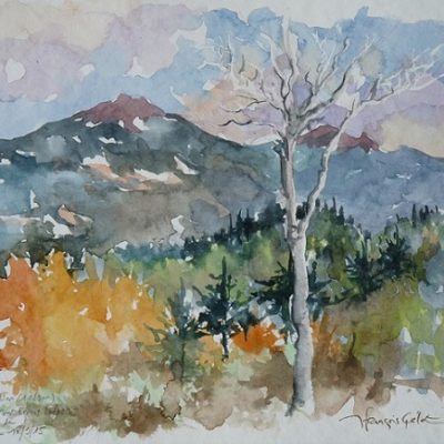 Randonnée vers le Mont Ernest Laforce et couleurs
d'automne sur le Mont Richardson (1180 m). Aquarelle (18 x 25 cm).