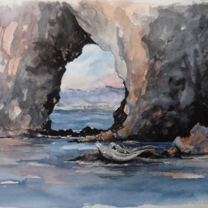 Phoques gris et phoques communs
au pied de l'arche et des falaises du Rocher Percé. Aquarelle (50 x 65 cm).