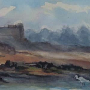 Aigrettes sur l'estran, aquarelle (40x20 cm).