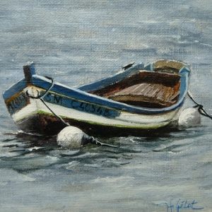 Prame au mouillage, huile sur toile (12x12 cm).