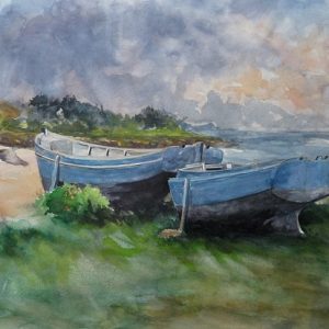 Barques sur la grève, aquarelle (50x40 cm).