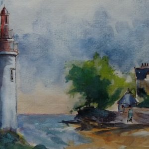 Villa et phare de Langoz, aquarelle (20x60 cm).