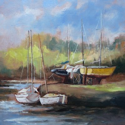 Pont-Aven : carénage au fond du port, huile sur bois