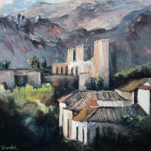 Granada, La Alhambra : les tours de l'Alcazaba, huile sur bois