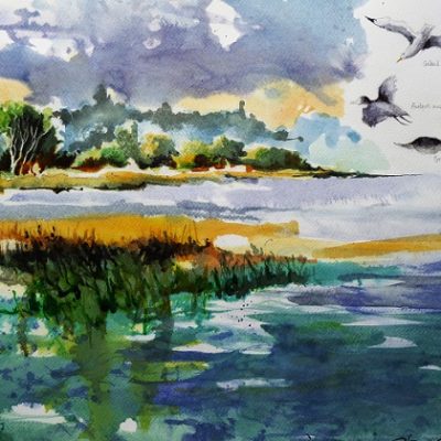 L'étang de Feins, aquarelle et lavis