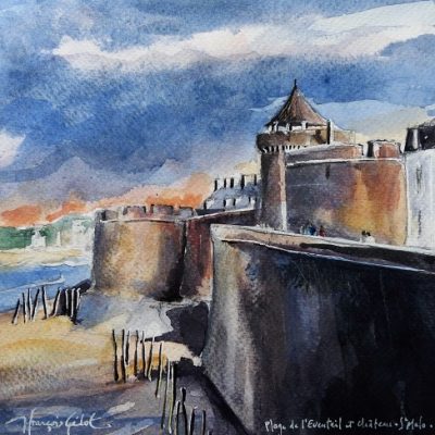 Plage de l’Éventail et Château, aquarelle (20 x 20 cm)