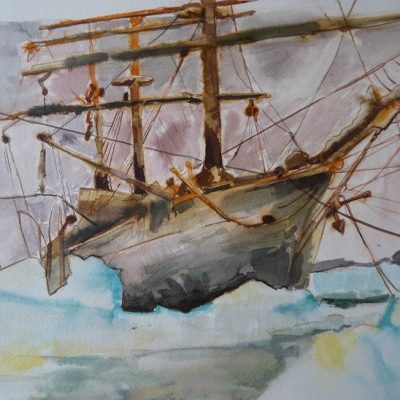 Le "Pourquoi-Pas" amarré dans l'Île Peterman, aquarelle