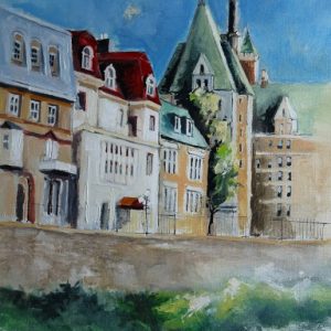 Québec : hôtels particuliers face au Saint-Laurent. Huile sur toile (50 x 65 cm).