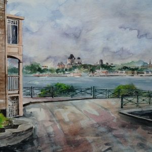 Lévis (Côte du Passage) :
panorama sur le Saint-Laurent, la haute-ville
intra-muros de Québec et la silhouette du Château Frontenac. Aquarelle (50 x 65 cm).