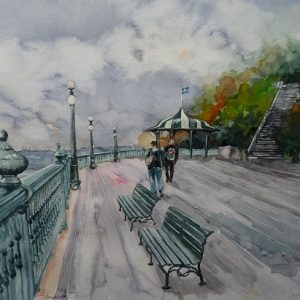 Québec : la terrasse Dufferin surplombant
le Saint-Laurent. Sur la droite, l'escalier conduisant à la Promenade des Gouverneurs. Aquarelle (50 x 65 cm).