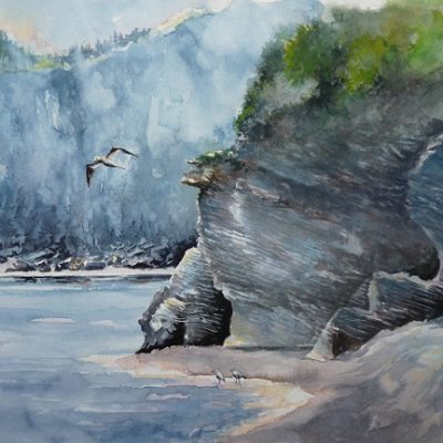 Plage du Cap Bon Ami.
Scène sauvage d'un spectacle maritime où les phoques
et les oiseaux sont en vedette... Aquarelle (50 x 65 cm).