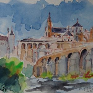Cordoba, Mezquita-Catedral et pont romain, aquarelle
