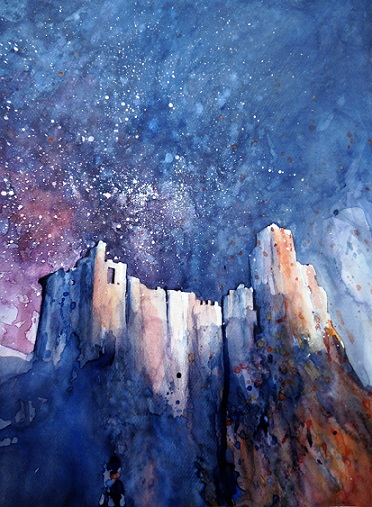 Poussières d'étoiles sur la forteresse (aquarelle,  50 x 40 cm)